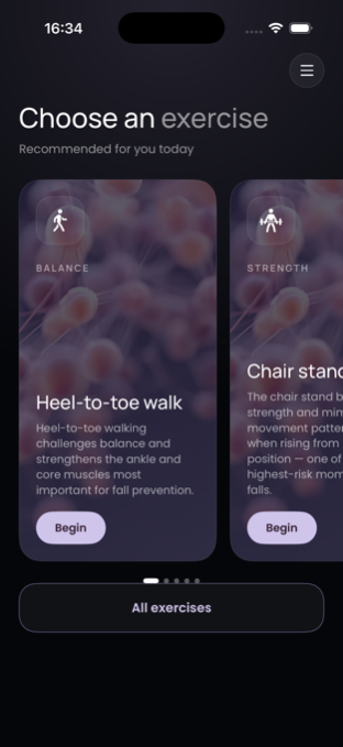 Exercises screen: recommended balance and strength exercises